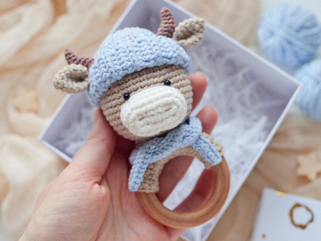 Bull in Hat Baby Rattle - Crochet Pattern