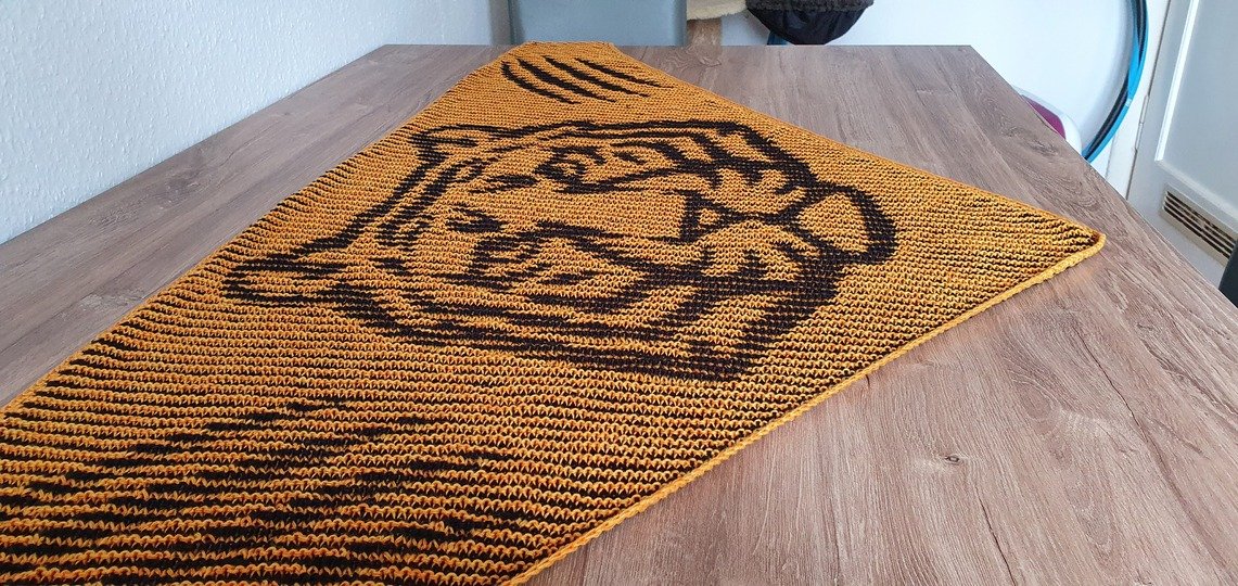 Tigerkopf, Schattenstricken, Illusionsstricken, Motivtuch