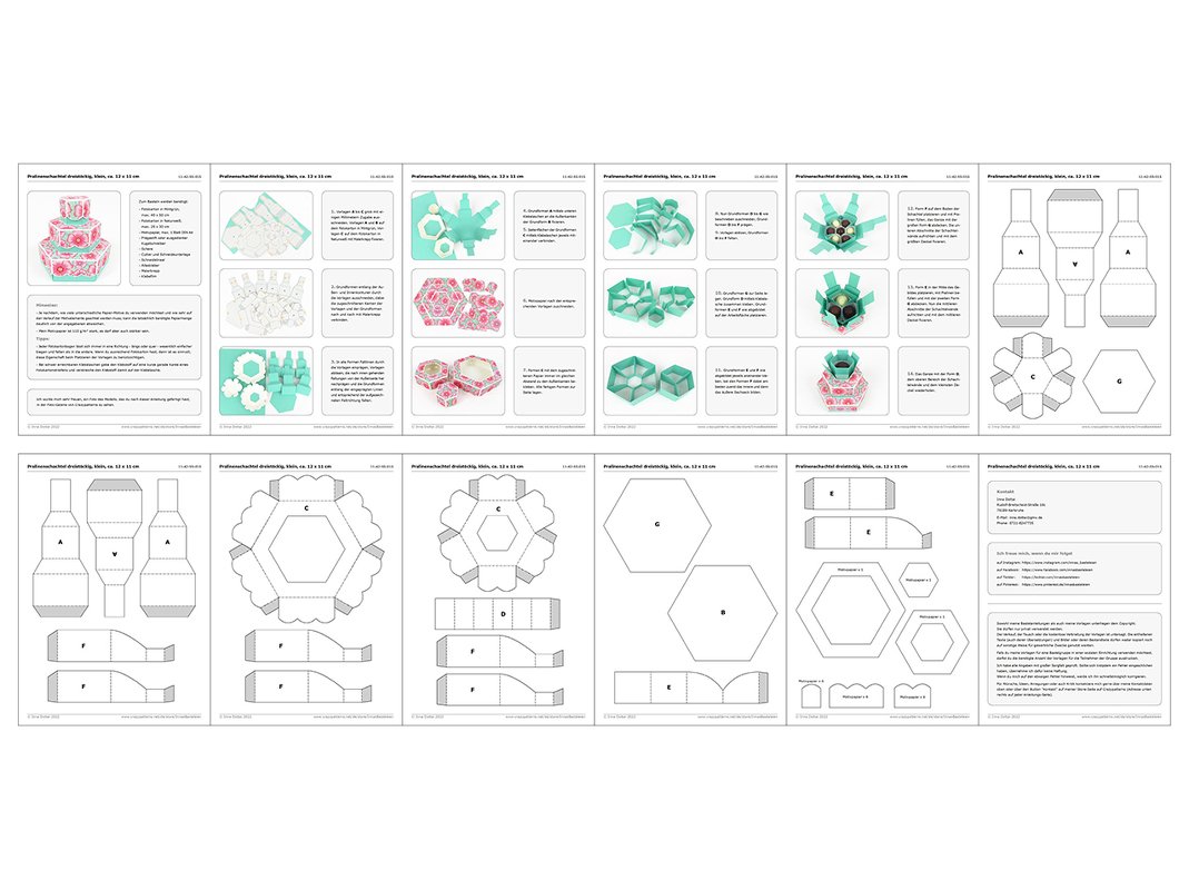 Mehrere Seiten mit Bastelanleitung und Schnittmustern für dreistufige, sechseckige Pralinenschachteln, mit farbigen Beispielen und schwarz-weißen Vorlagen.