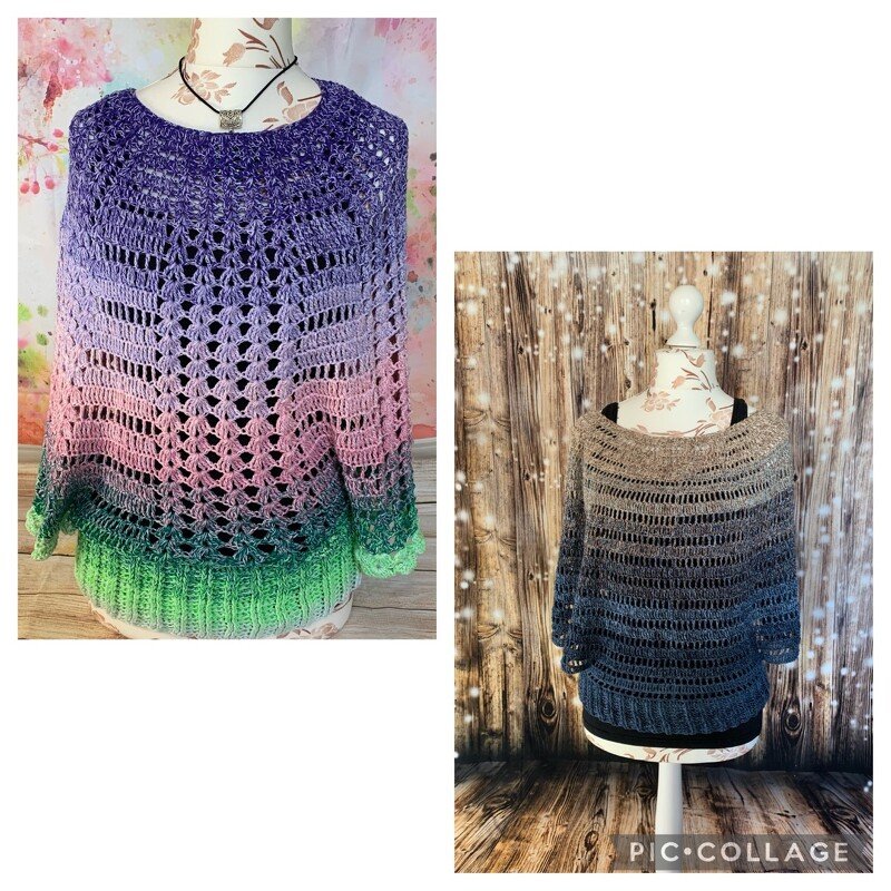 Zwei gehäkelte Damenpullover auf Schneiderpuppen: links mehrfarbiges Ombre mit Ajourmuster, rechts graues Ombre mit Ajourstreifen