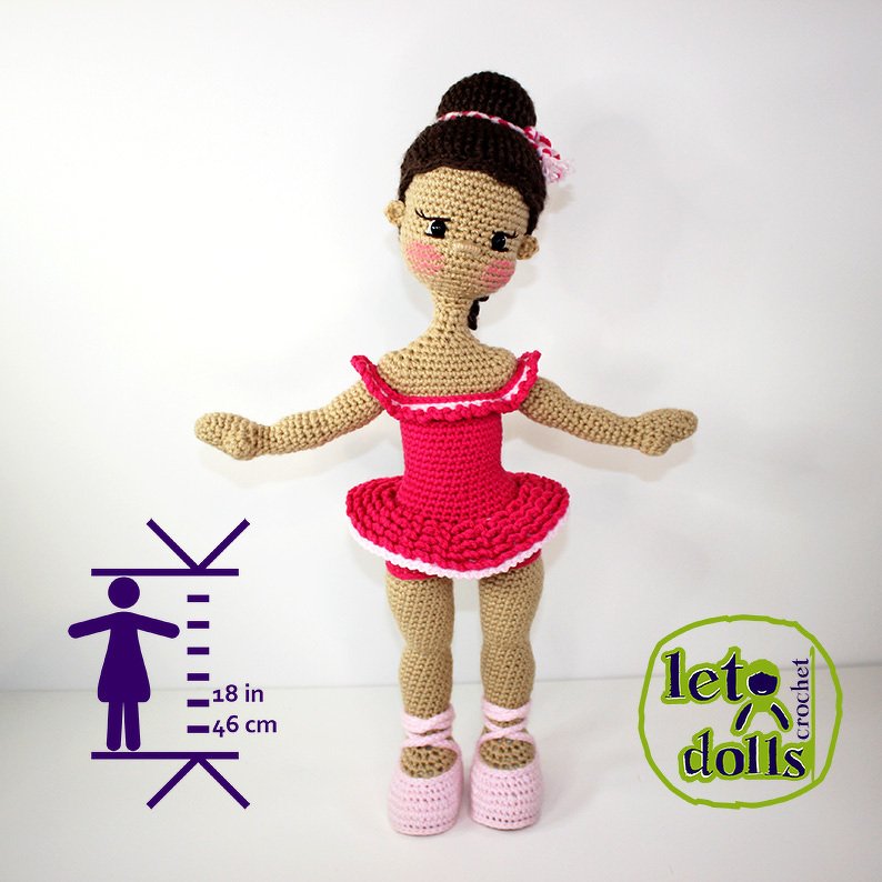 Crochet amigurumi ballerina doll in pink ruffled tutu, 18 inches tall