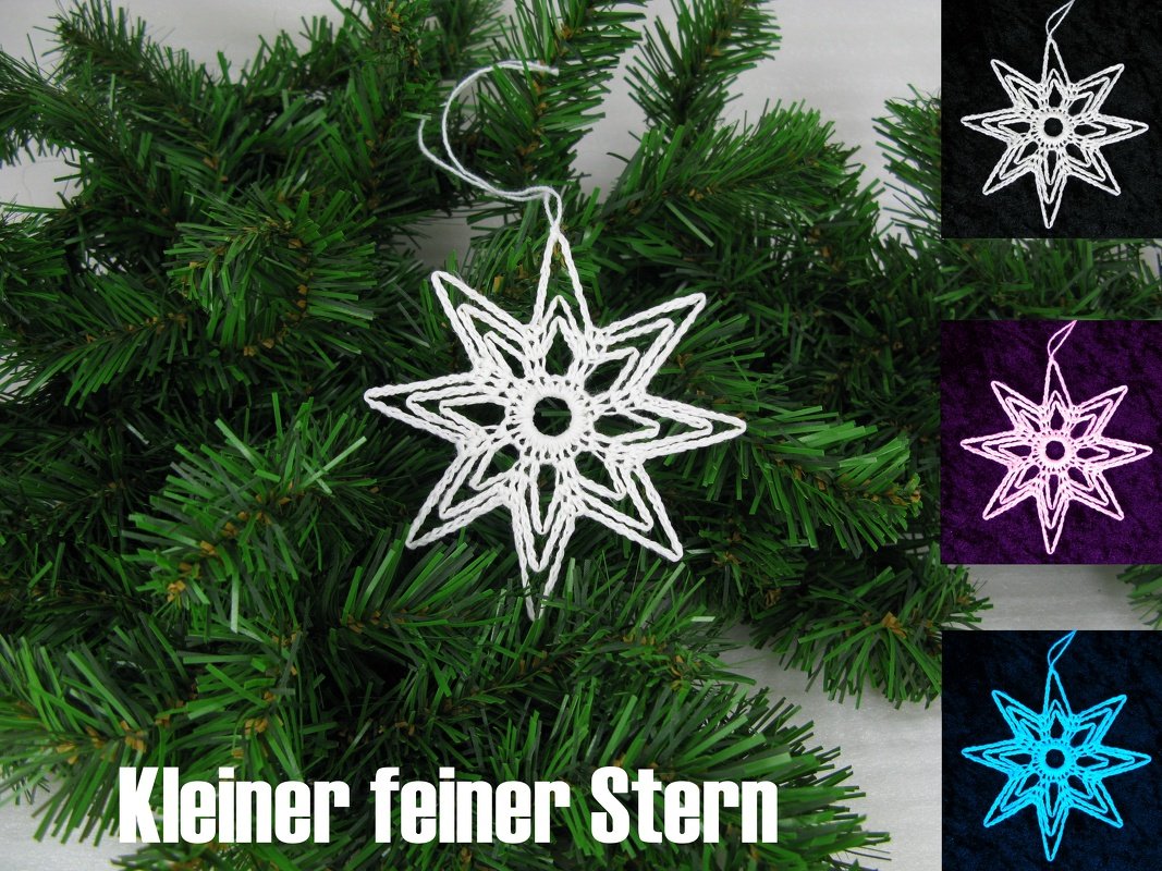 Weißer, gehäkelter Stern mit filigranem Muster hängt an einem Tannenzweig; rechts sind Miniaturen des Sterns in verschiedenen Farben zu sehen.
