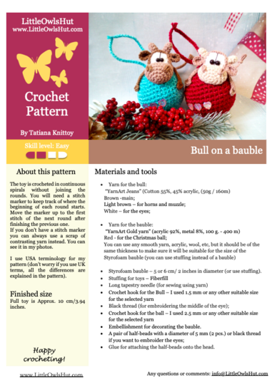 280 Crochet Pattern - Cow or Bull Ox on a bauble, christmas tree decoration