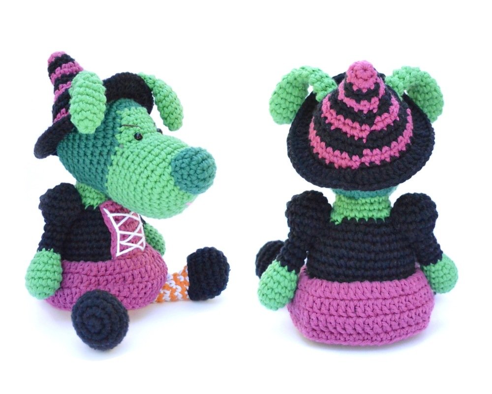 Close front and back images of a crocheted amigurumi dog in a witch costume showing hat, bodice and skirt details