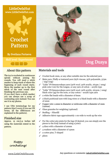 285 Crochet Pattern - Dog Dusya - Amigurumi soft toy