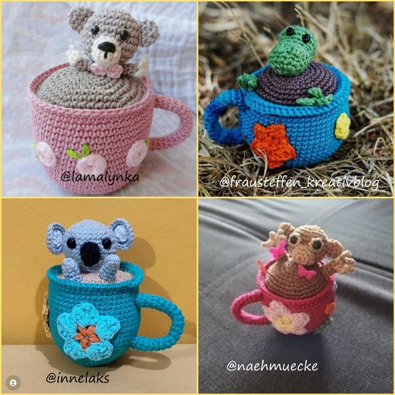 Collage of four crocheted cups each with a small amigurumi animal topper