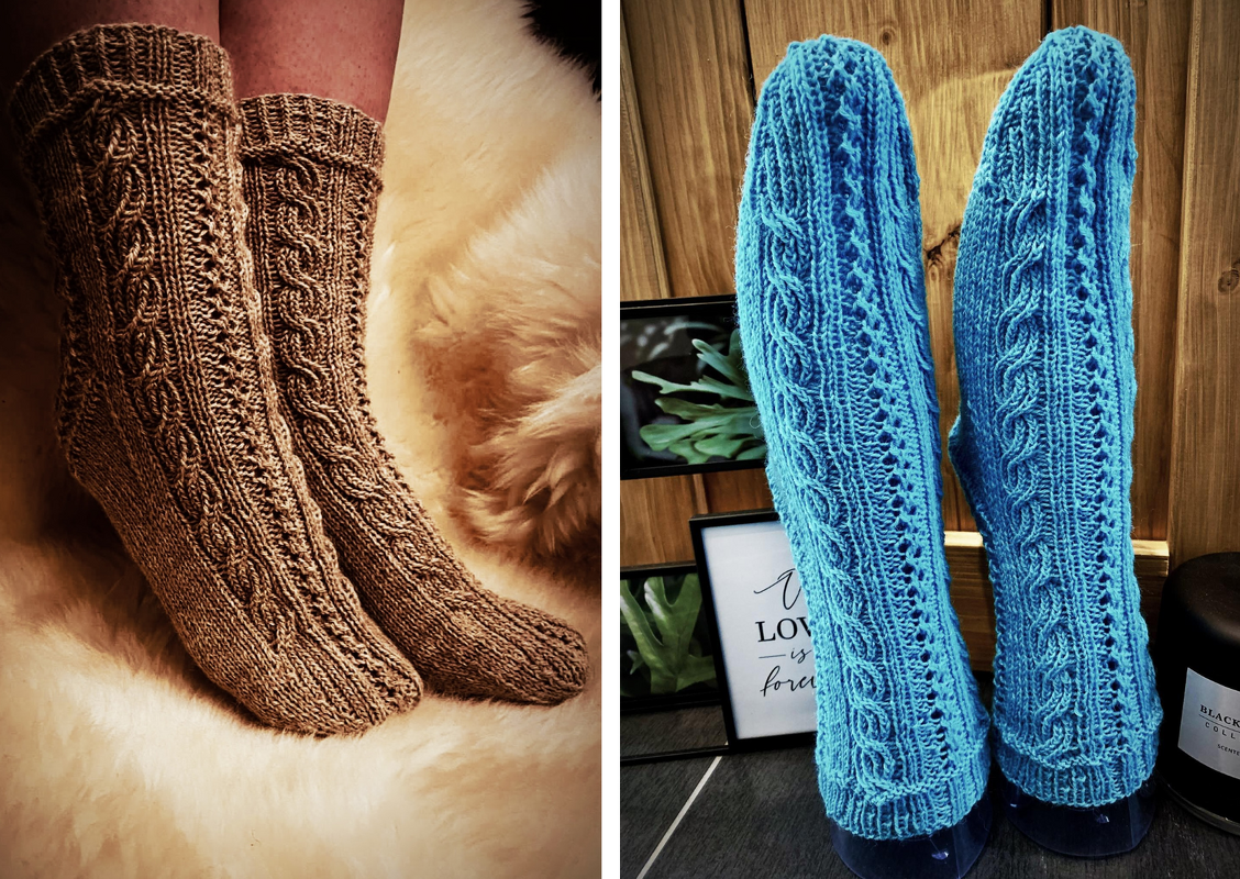 Close-up views of socks showing cable columns, eyelet lace panels and ribbed cuffs in brown and teal colorways