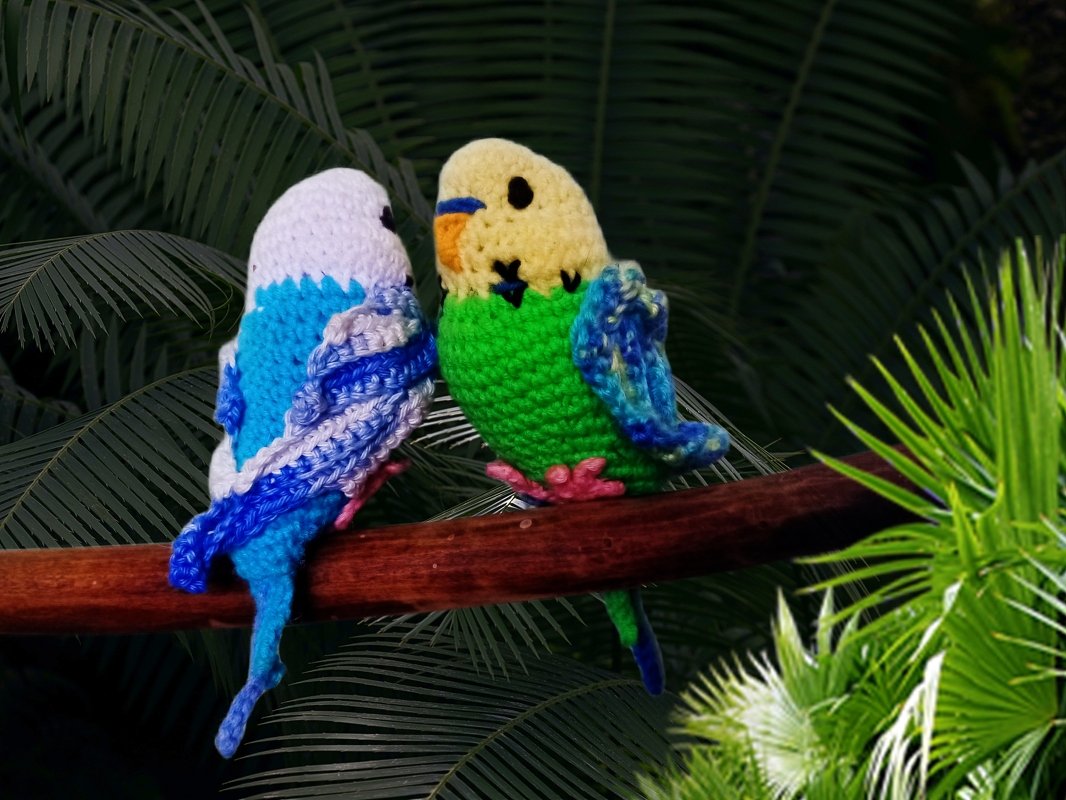 Two crocheted parakeet amigurumi birds, blue-and-white and yellow-and-green, sitting on a branch with a leafy background.