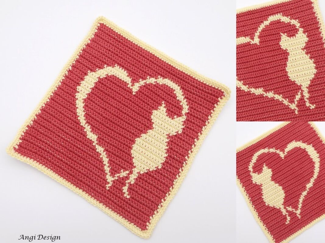 Gehäkeltes rotes Quadrat mit cremefarbener Katzen-Silhouette in Herzform