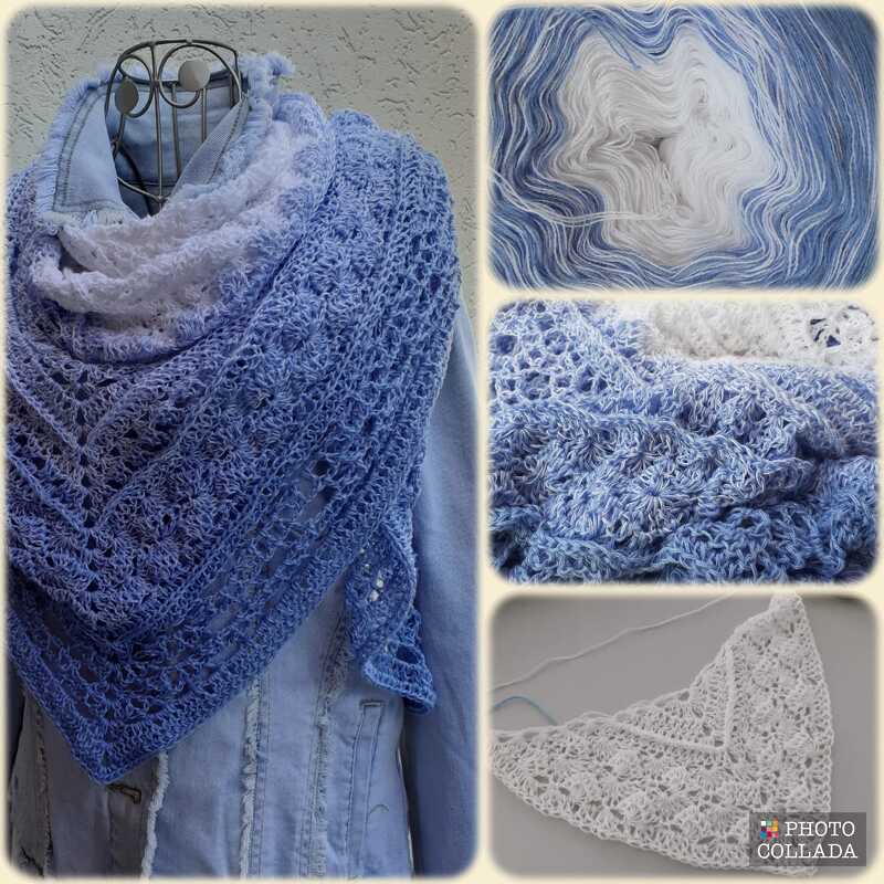 Blue-to-white gradient crochet triangle shawl draped over a denim jacket, with yarn cake and stitch close-ups.