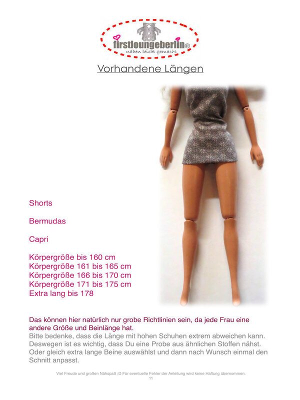 Puppe mit kurzem Oberteil neben Tabelle mit Hosenlängen für Shorts, Bermudas und Caprihosen