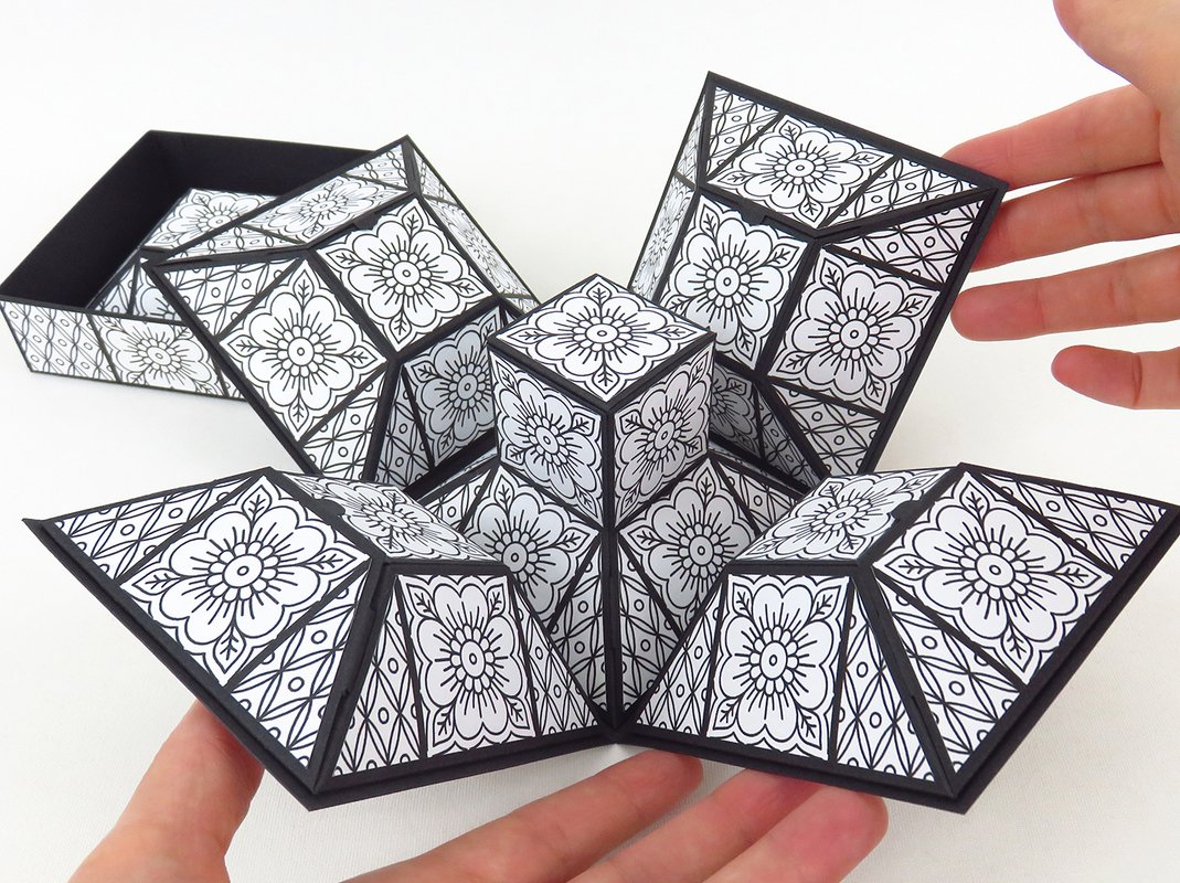 Eine aufgeklappte schwarz-weiße Explosionsbox aus Papier mit wiederholten floralen Ornamenten, von zwei Händen an den Seiten gehalten