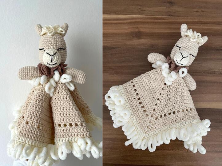 Crochet llama baby lovey pattern, newborn security blanket comforter