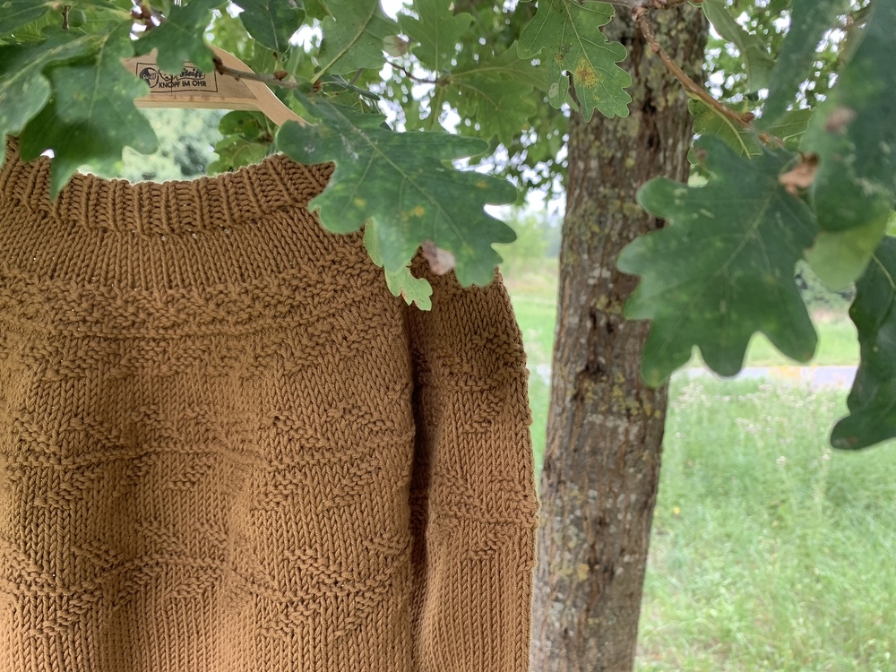 Gestrickter karamellfarbener Kinderpullover mit Rippenkragen und Strukturmuster, an einem Ast aufgehängt