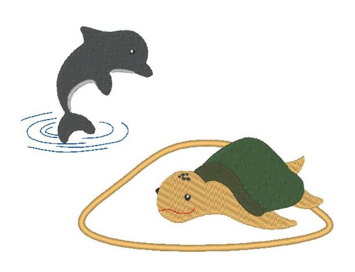 Schildkröte mit Delfin Stickdatei Kissen ITH + Taschenbild