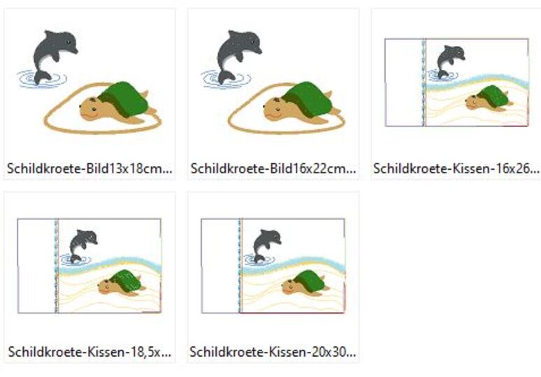 Schildkröte mit Delfin Stickdatei Kissen ITH + Taschenbild