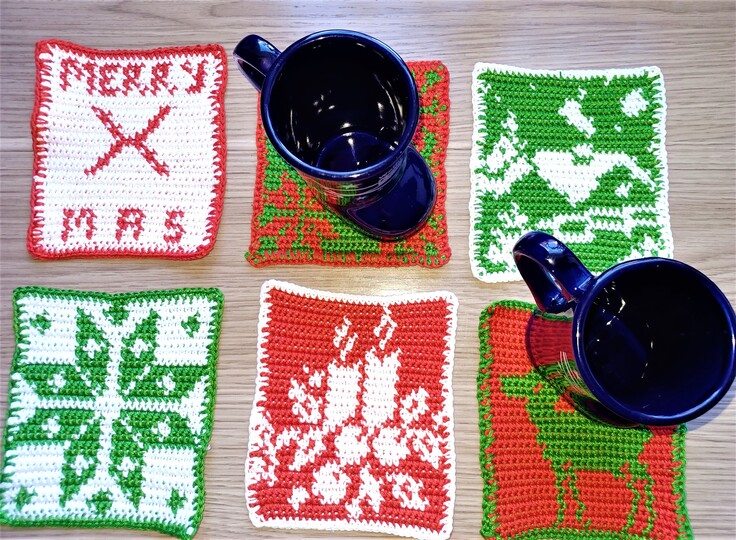 Häkelanleitung Untersetzer " Adventszauber " + 6 Motive + Tapestry Häkeln