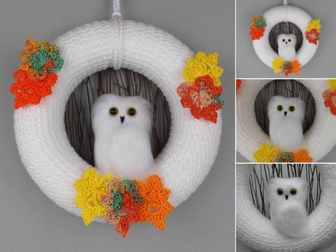 Crochet pattern autumn door wreath with fluffy owl
