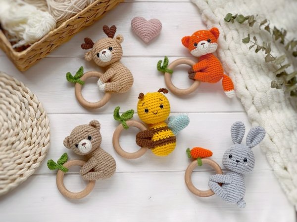 SET of 5 crochet patterns rattles: fox, bear, deer, bunny, bee (PDF)