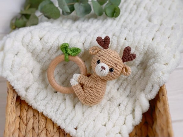 SET of 5 crochet patterns rattles: fox, bear, deer, bunny, bee (PDF)