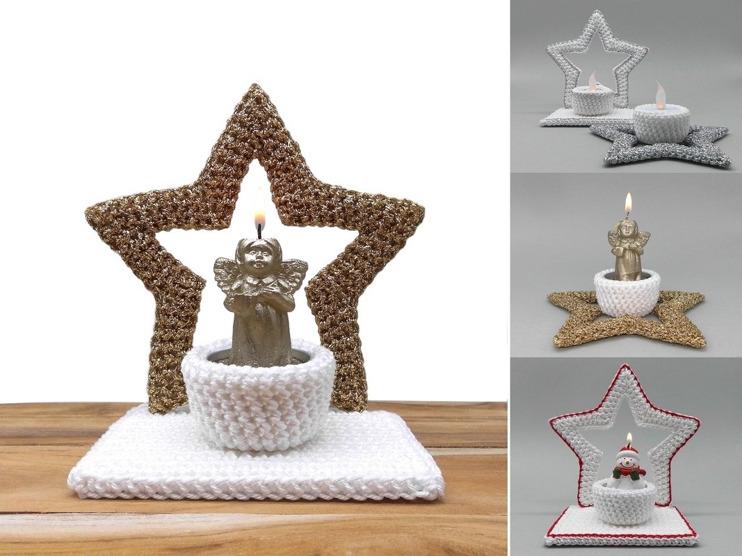 Star tealight holder in 2 versions - easy made from scraps of yarn