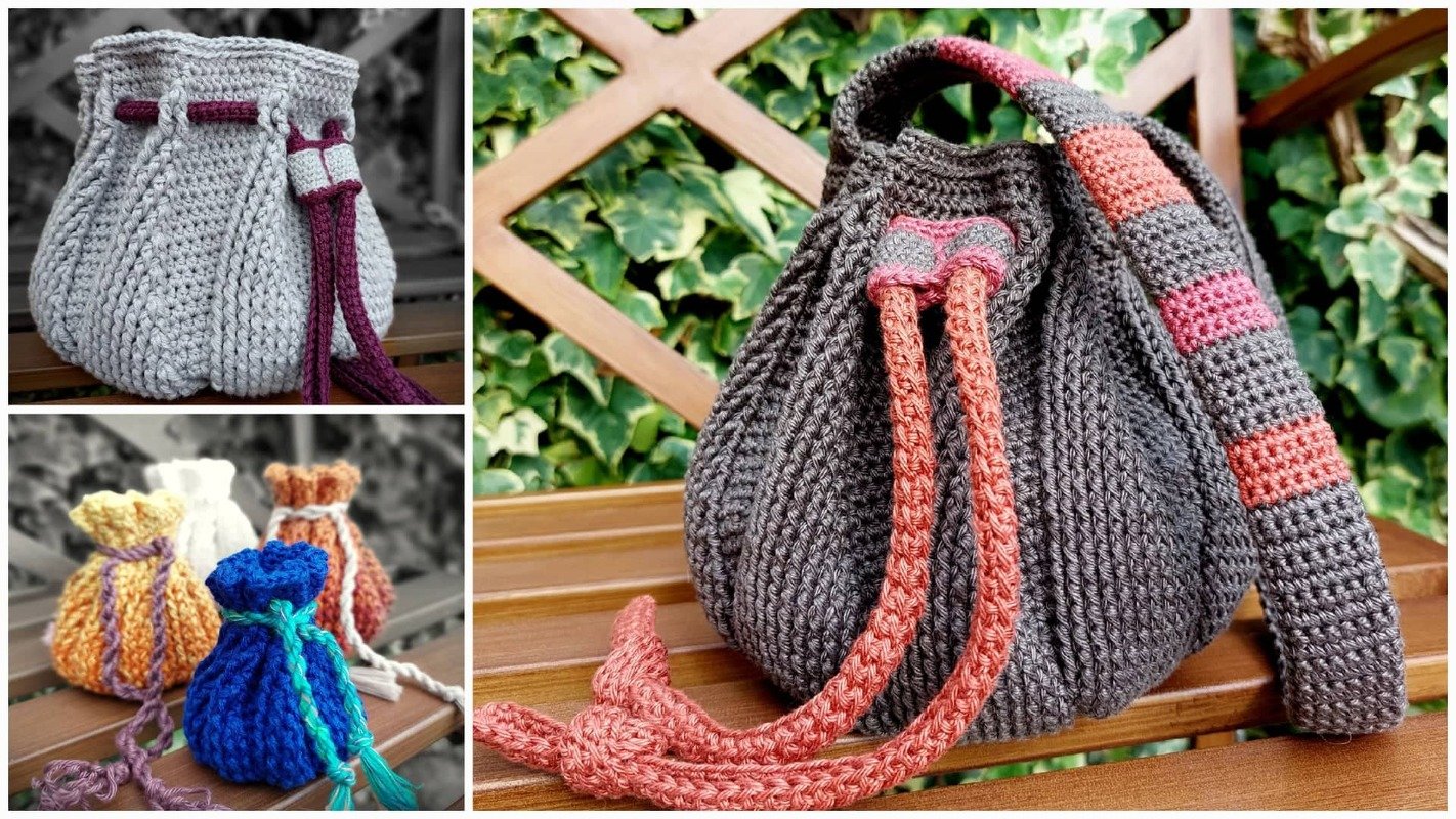 Collage aus gehäkelten Taschen: große dunkelgraue Beuteltasche mit korallenfarbener Kordel und Schultergurt sowie mehrere kleine bunte Kordelzugbeutel.