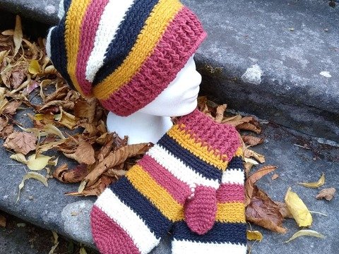 Set "Funny Stripes" Mütze mit passenden Fäustlingen in drei vers. Größen
