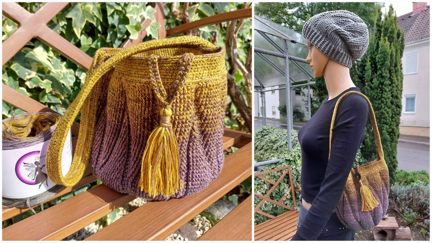 Gehäkelte runde Henkeltasche mit senf-zu-lila Farbverlauf, langem Träger und gelber Quaste
