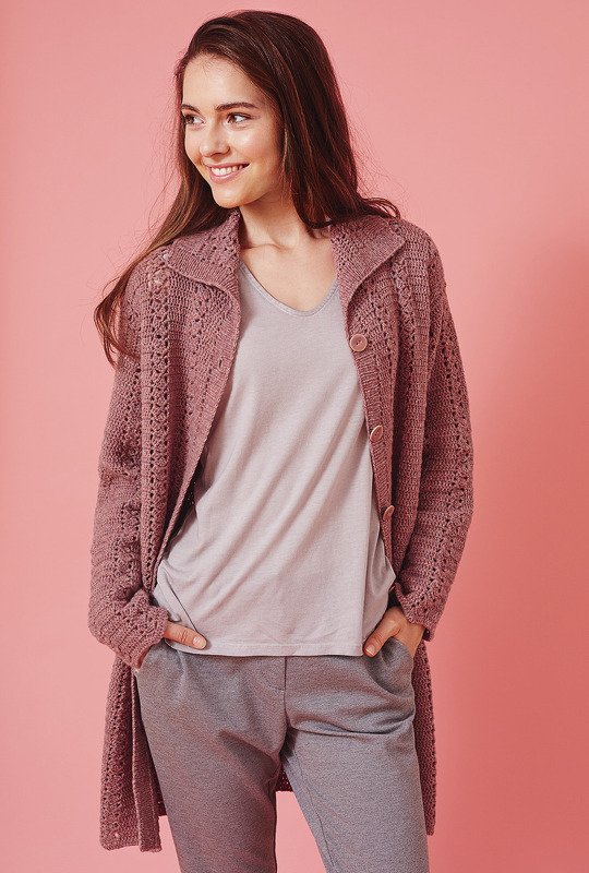 Knielange, gehäkelte Jacke im Stäbchenmuster mit seitlichen Schlitzen - Bild 2