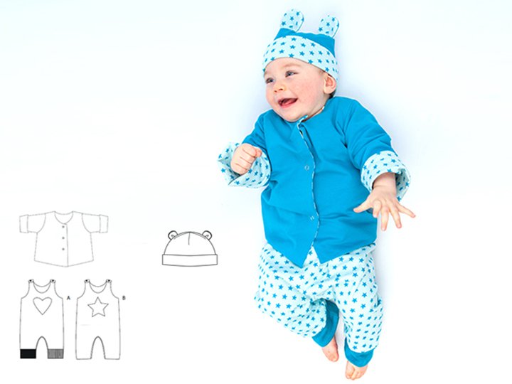 Schnittmuster Baby-Set ALBERTO – Overall Jacke Mütze Gr. 56/62–92/98
