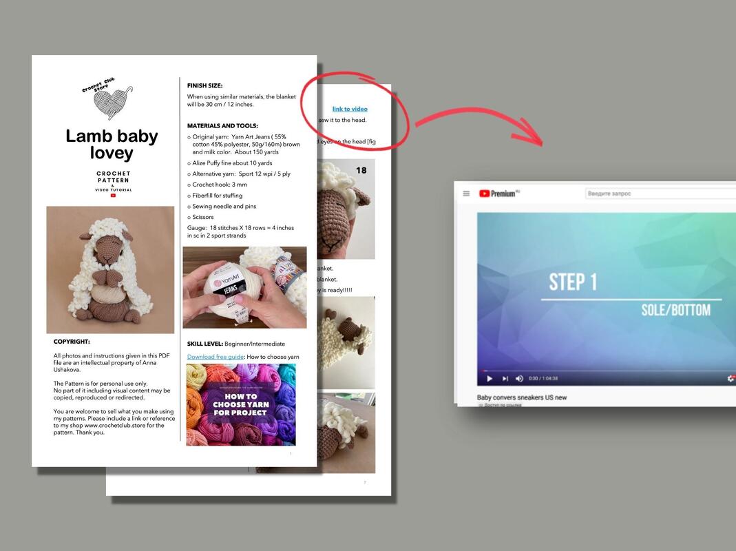 Printed pattern pages for a lamb baby lovey showing materials, finished toy photos and a referenced video tutorial link.