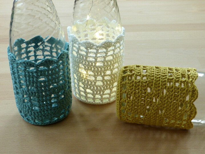 Häkelanleitung für Leuchtflaschen- oder Windlichtgläser-Bezüge, 3 Motive