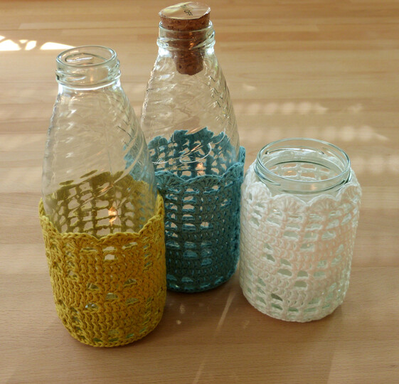Häkelanleitung für Leuchtflaschen- oder Windlichtgläser-Bezüge, 3 Motive