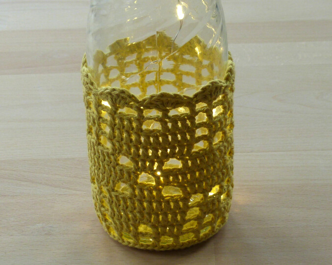 Häkelanleitung für Leuchtflaschen- oder Windlichtgläser-Bezüge, 3 Motive