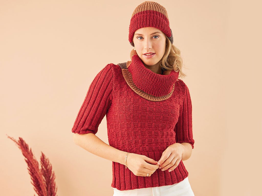 KURZARMPULLI KARO-LOOK + Mütze + Loop