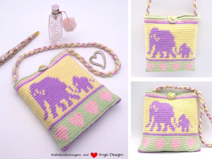 Häkelanleitung Täschchen mit Elefanten und Herzen