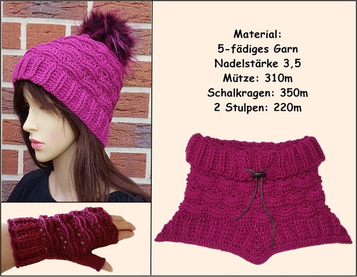 Häkelanleitung Set "Swing" 3-teilig Mütze + Schalkragen + Handstulpen