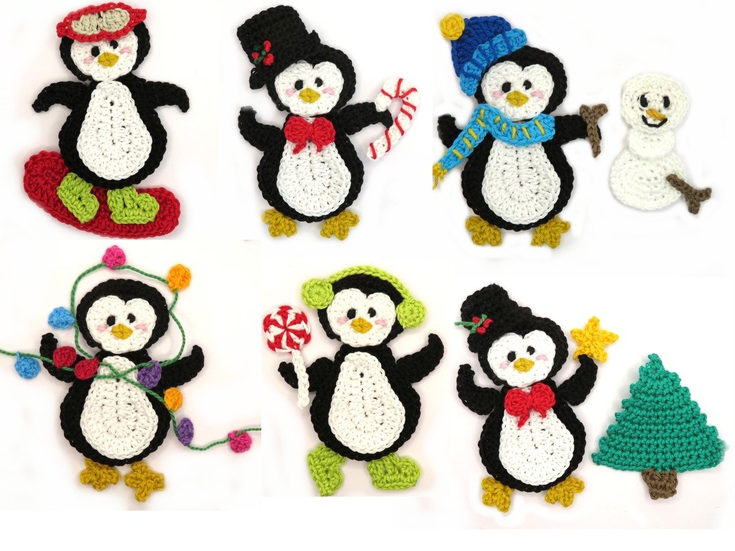 Six crocheted penguin appliques with holiday accessories, plus a small crocheted tree and snowman, on a white background.