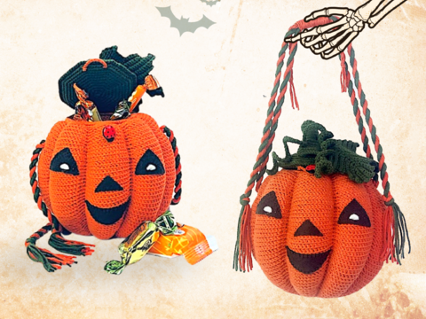 Crocheted Halloween Pumpkin Bag – Candy Bowl, Gift & Costume Accessory.