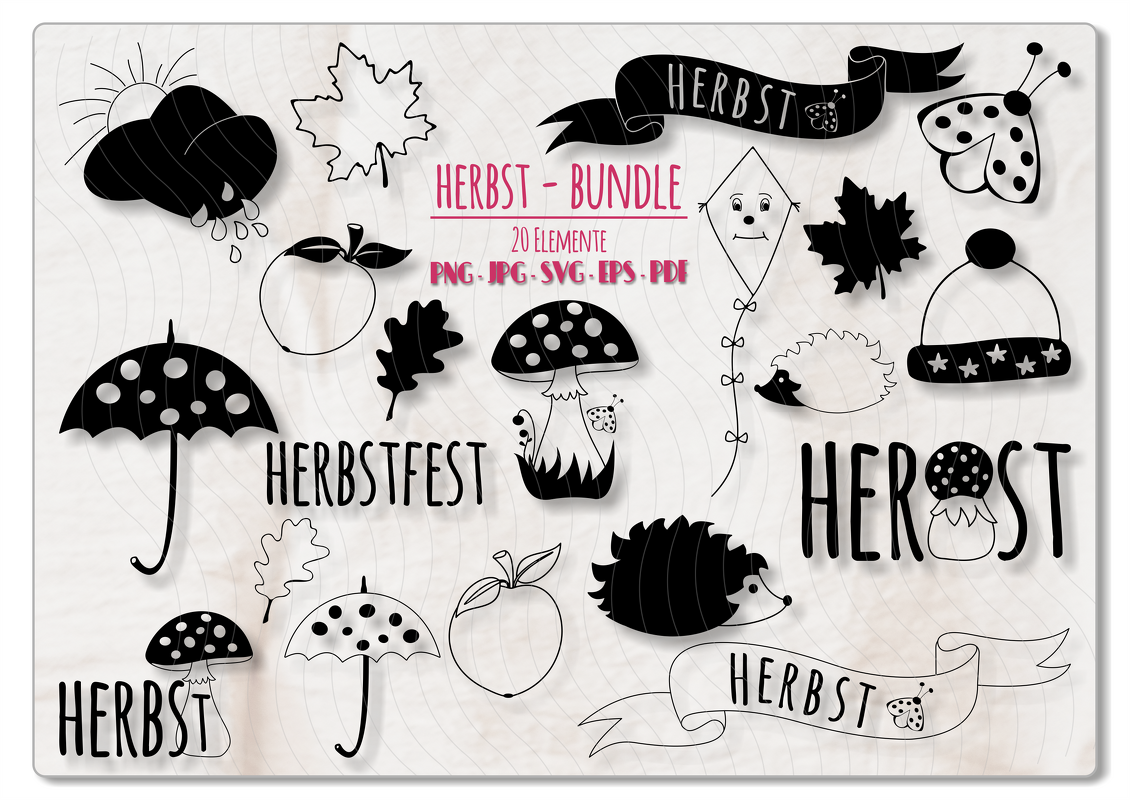 Schwarz-weiße Sammlung herbstlicher Plotmotive: Pilz, Igel, Regenschirm, Blätter, Apfel und Banner mit dem Schriftzug 'Herbst'