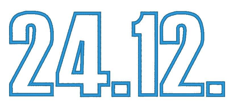 Blaue Kontur-Stickzahlen '24.12.' auf hellem Hintergrund.