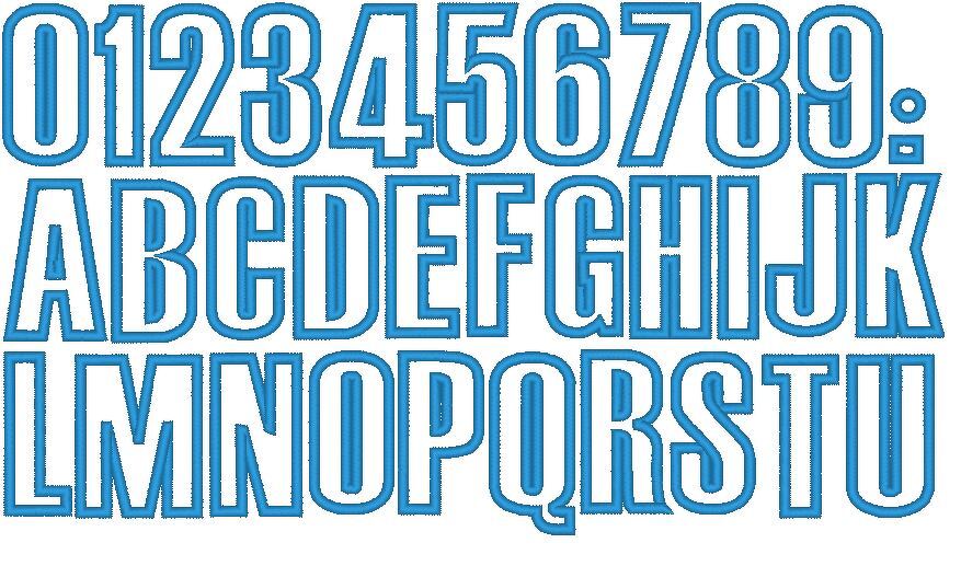 Stickmotive: serifenlose Großbuchstaben A bis U und Ziffern 0 bis 9 in blauer Blockkontur