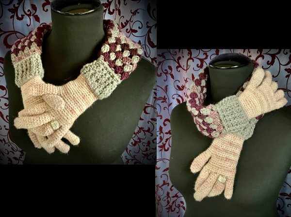Gehäkelter Loopschal mit Granny‑Square‑Muster in Bordeaux und Hellrosa sowie rosafarbene Handschuhe mit grauen Bündchen auf einer Schaufensterpuppe.