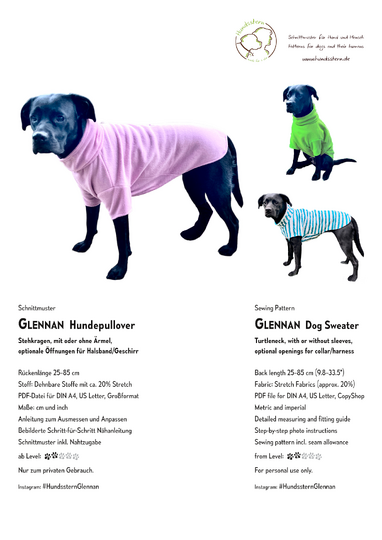 GLENNAN Hundepullover, Gr. XS–XXL, Anleitung+Schnitt