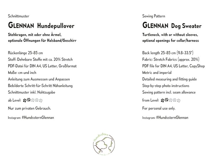 GLENNAN Hundepullover, Gr. XS–XXL, Anleitung+Schnitt