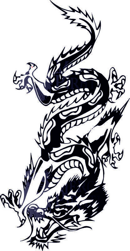 Stilisierter Drachen im Tribal-Stil, schwarze Grafik auf hellem Hintergrund