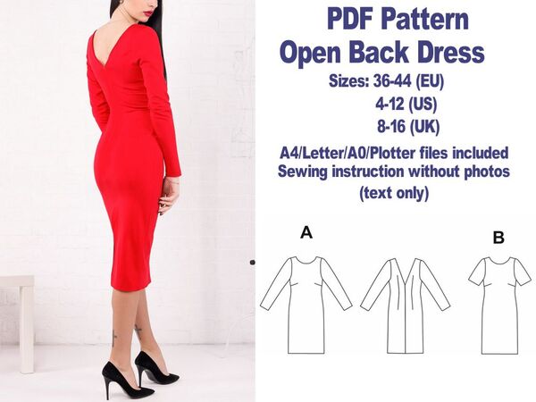 Open Back Dress Pattern PDF Dress Pattern V-neck Back Dress Sewing Pattern