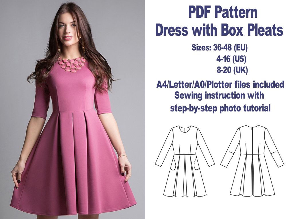 Box Pleated Dress Pattern PDF Dresses Patterns Vintage Dress Pattern Sewing