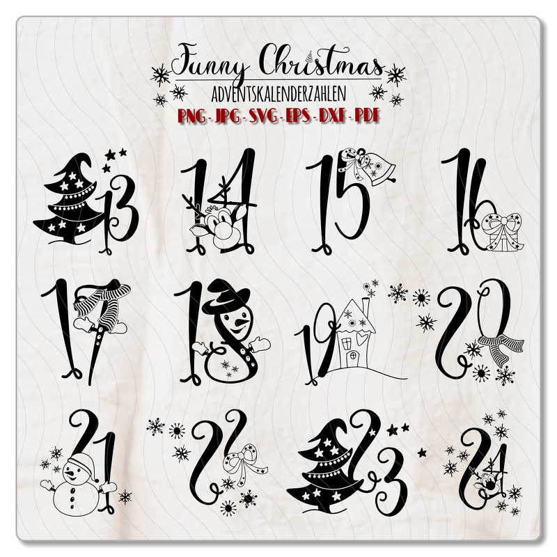 Schwarz-weiße plotterfreundliche Adventszahlen 13–24 mit winterlichen Symbolen