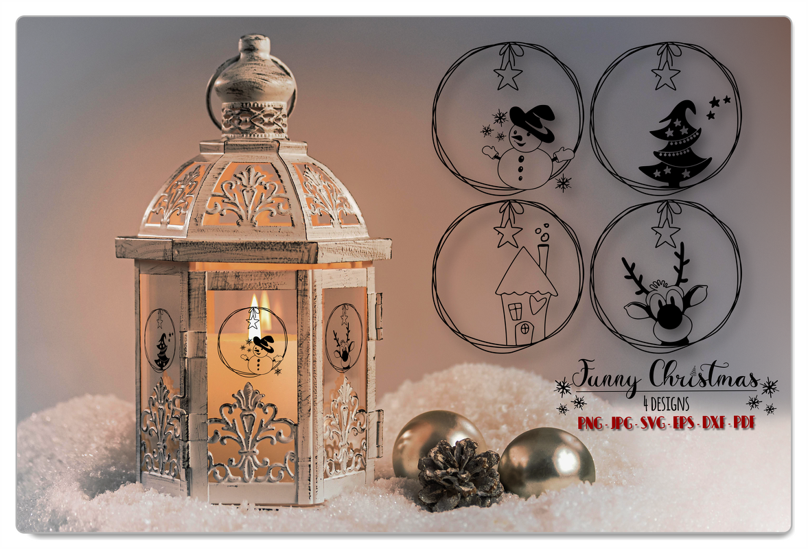 Beleuchtete Laterne im Schnee neben vier runden Plottmotiven: Schneemann, Tannenbaum, Haus und Rentier.